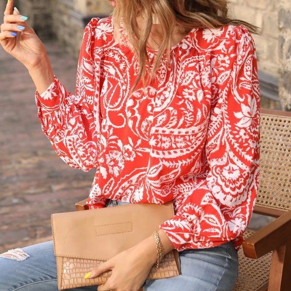 Boho Paisley Print Puff Sleeve Blouse - Picture 4 of 6